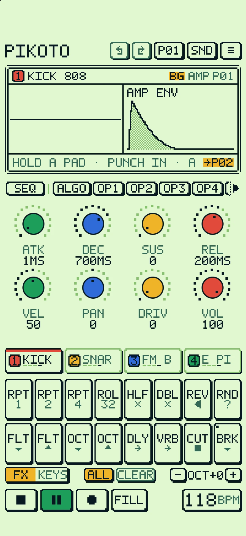 FX mode: sixteen pads labelled with punch-in effects like RPT, ROLL, REV and BRK.