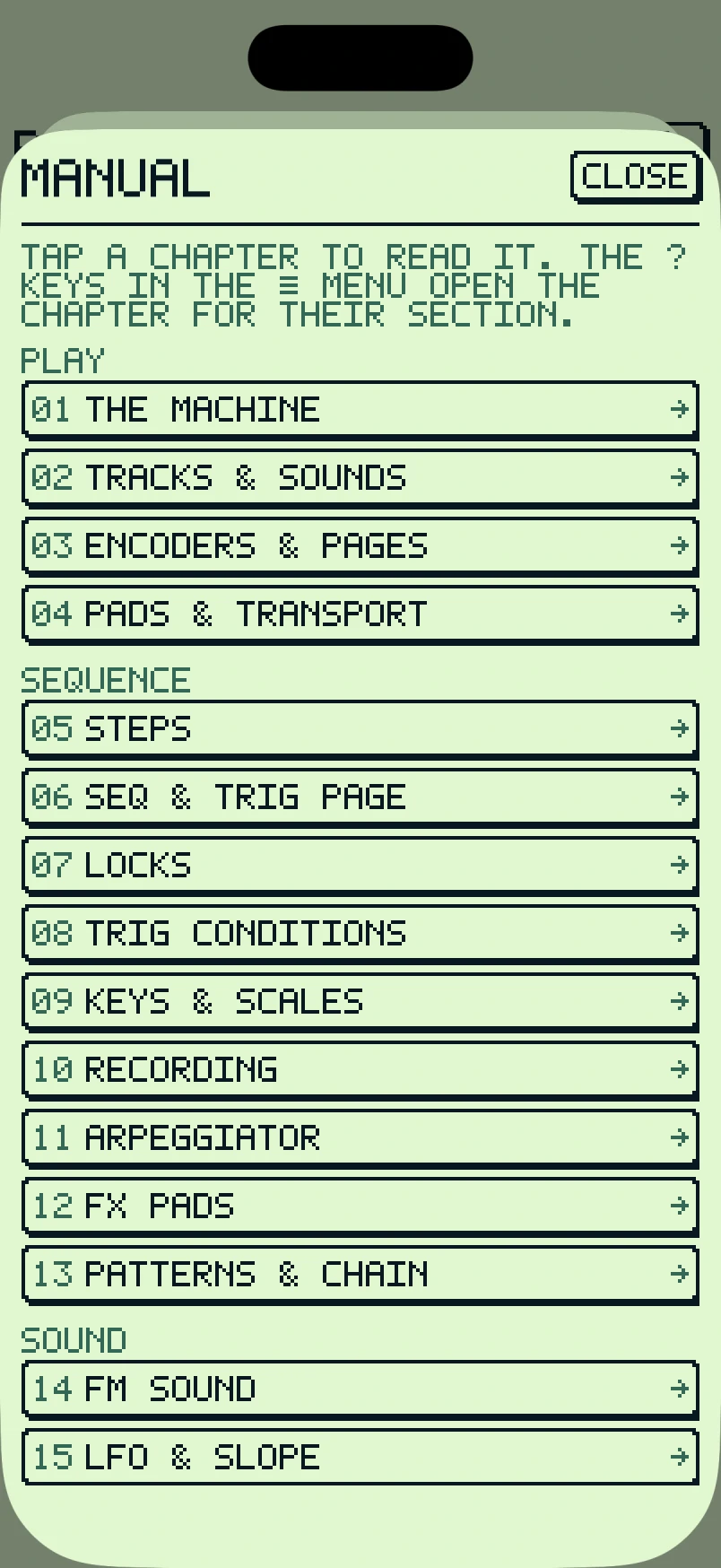 The built-in manual: chapters from THE MACHINE to LFO AND SLOPE.